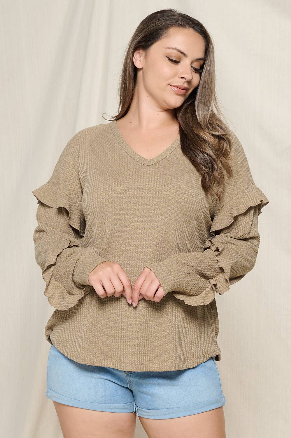 PLUS SIZE RUFFLE SLEEVE BRUSHED THERMAL TOP