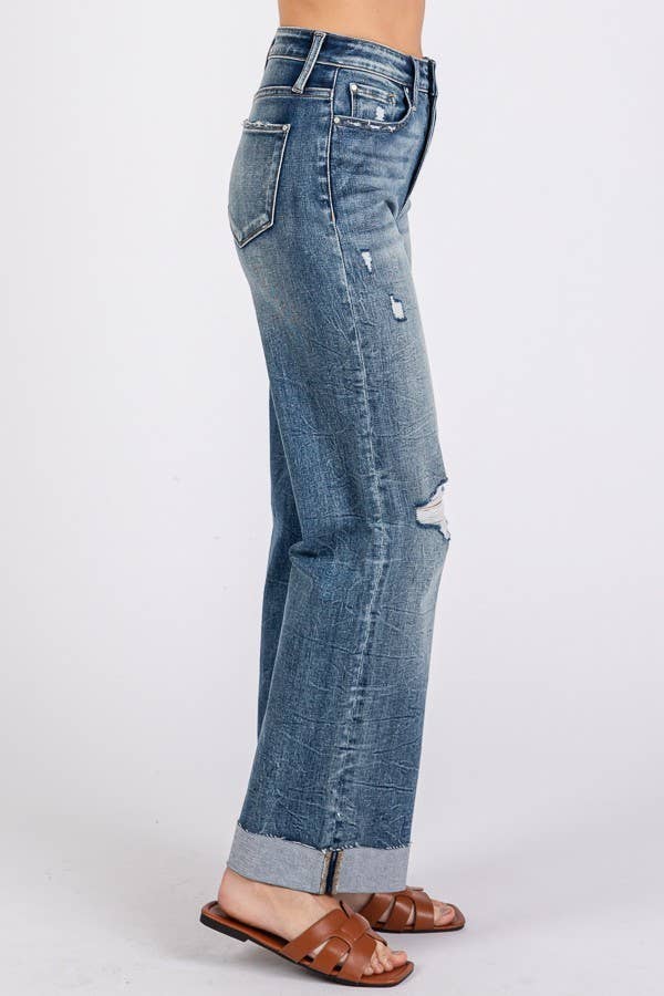 HIGH RISE STRETCH SLIM WIDE LEG W/ CUFFED HEM