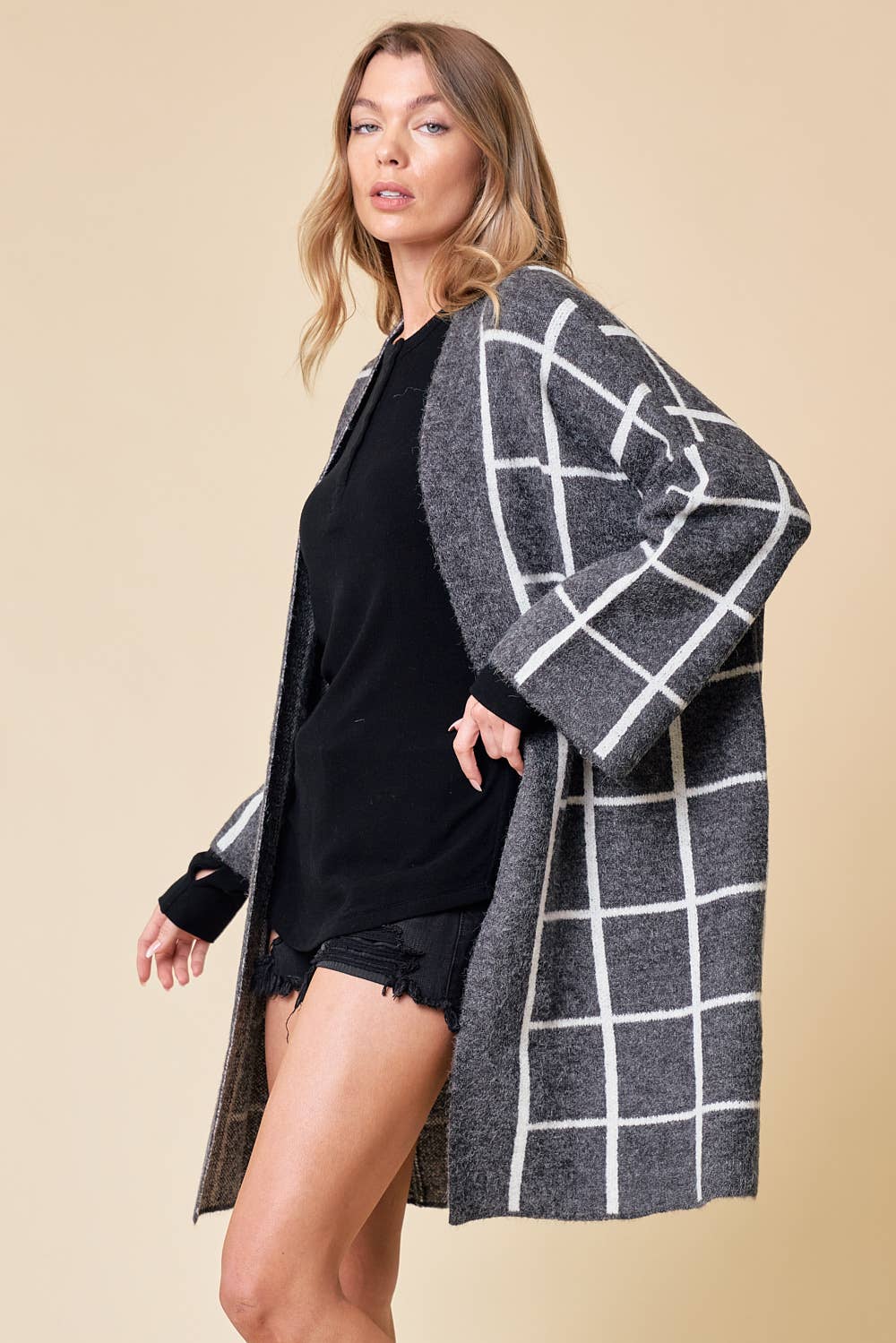 GRID PATTERNED LONG CARDIGAN - 1627C