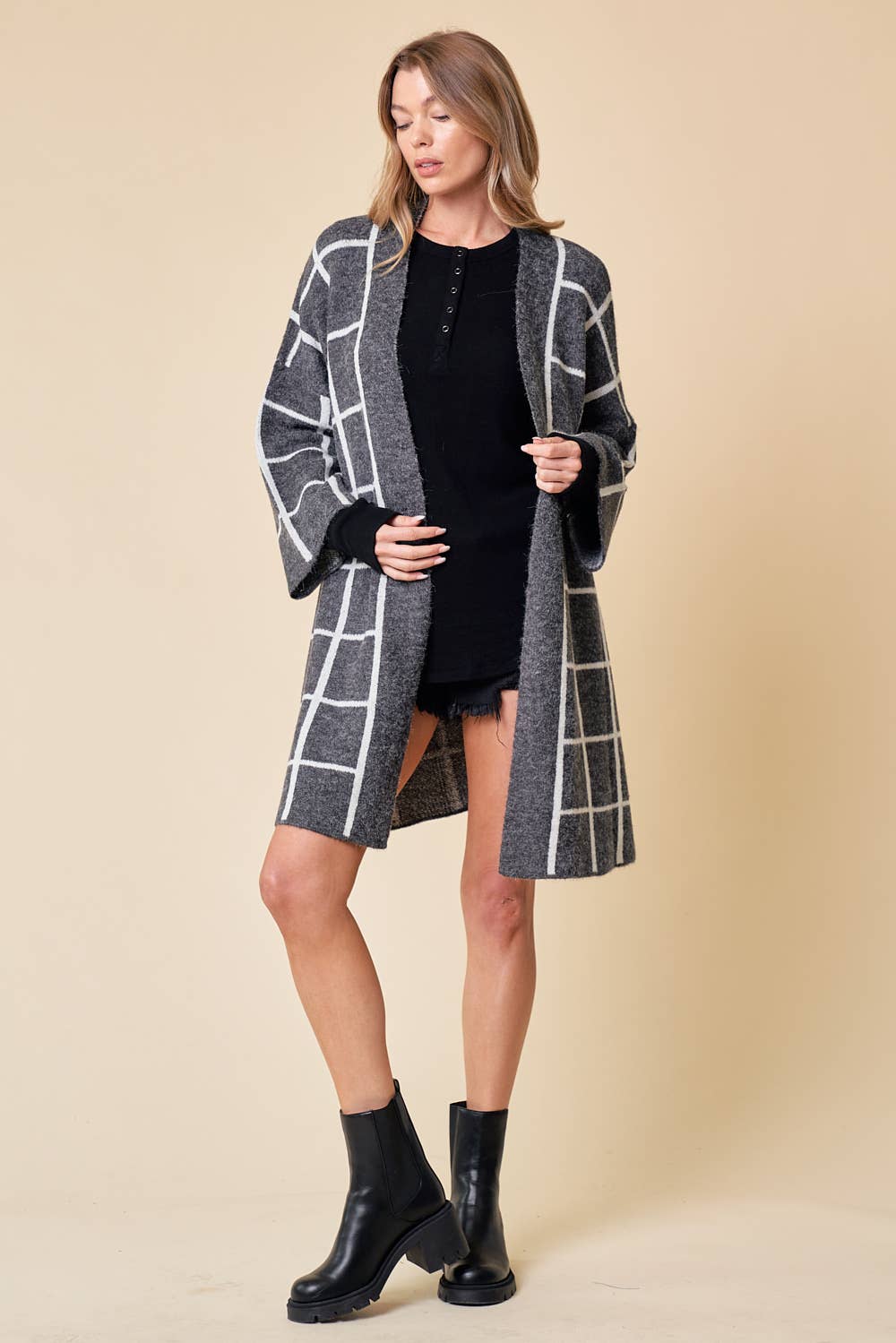 GRID PATTERNED LONG CARDIGAN - 1627C
