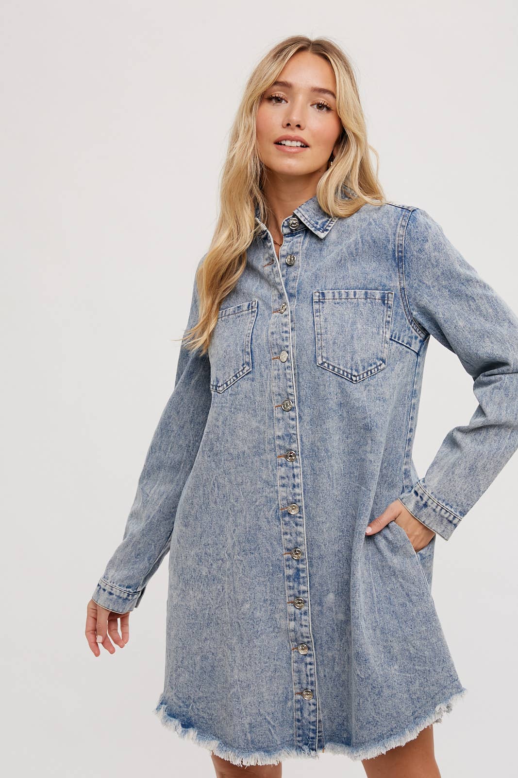 DENIM DISTRESSED LONGSLEEVE SHIRT DRESS