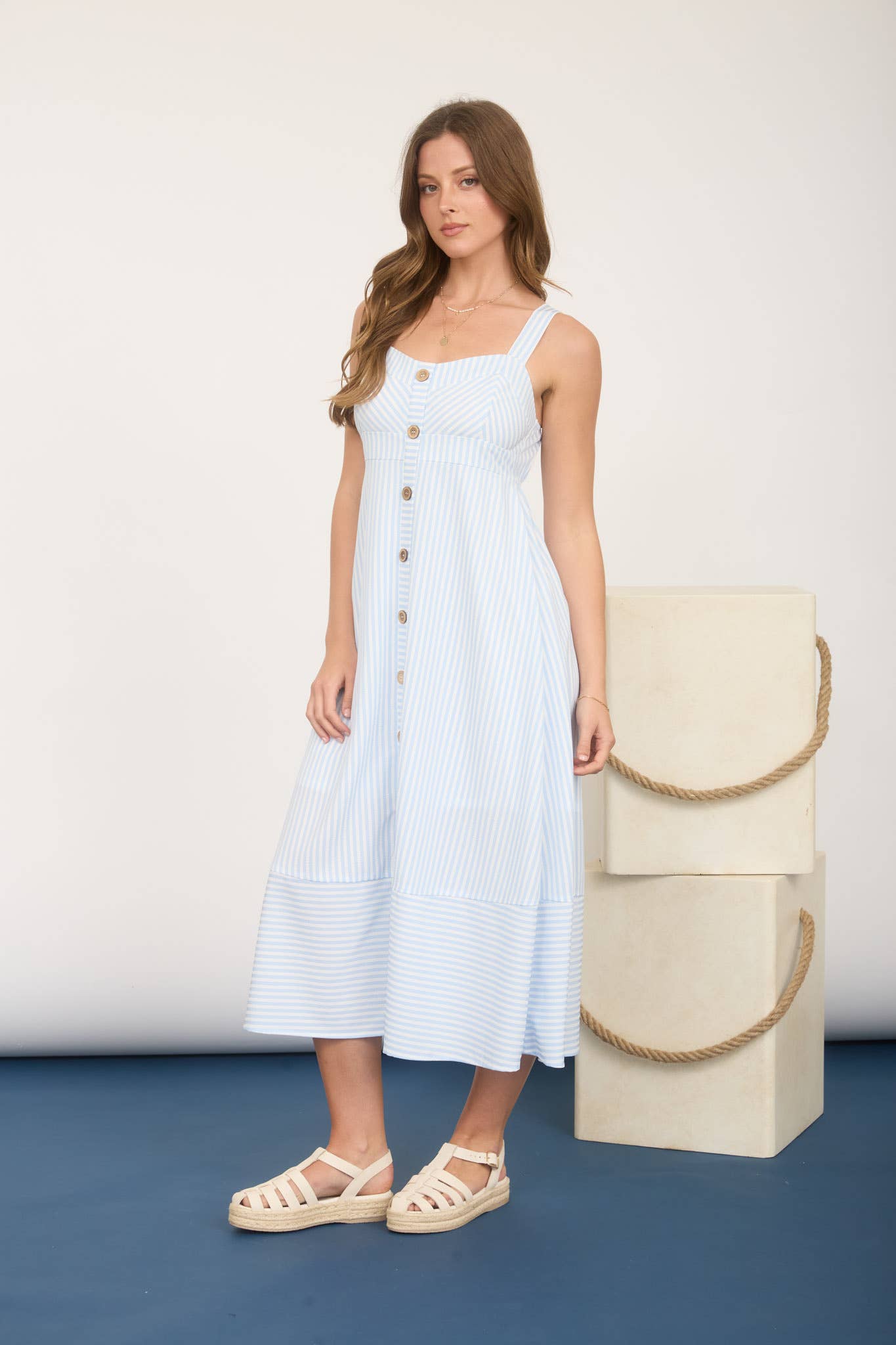 STRIPE SWEETHEART BUTTON DOWN SLEEVELESS MIDI DRESS