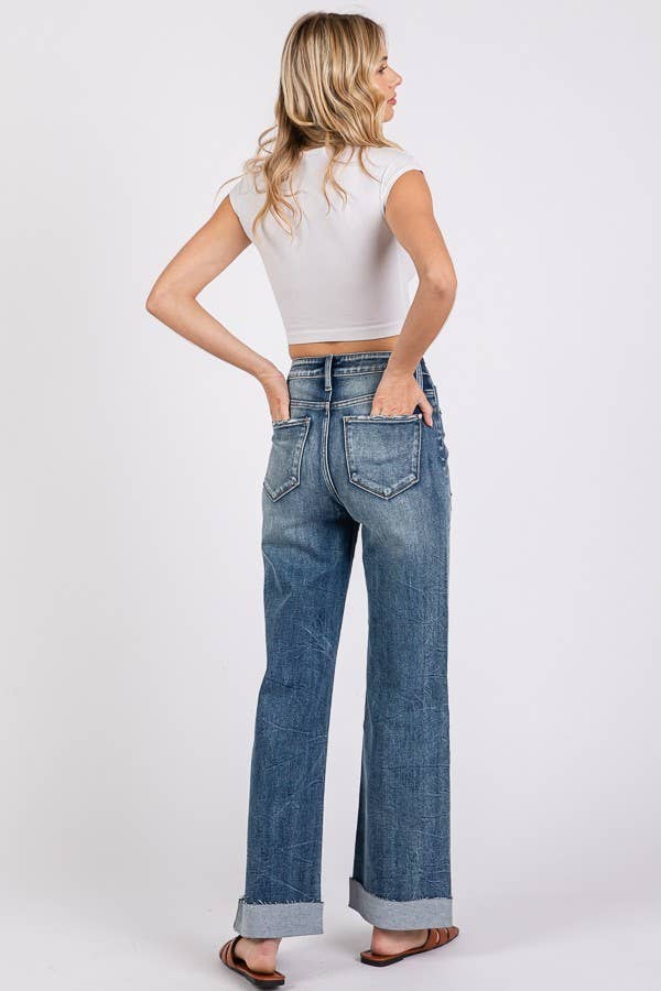 HIGH RISE STRETCH SLIM WIDE LEG W/ CUFFED HEM