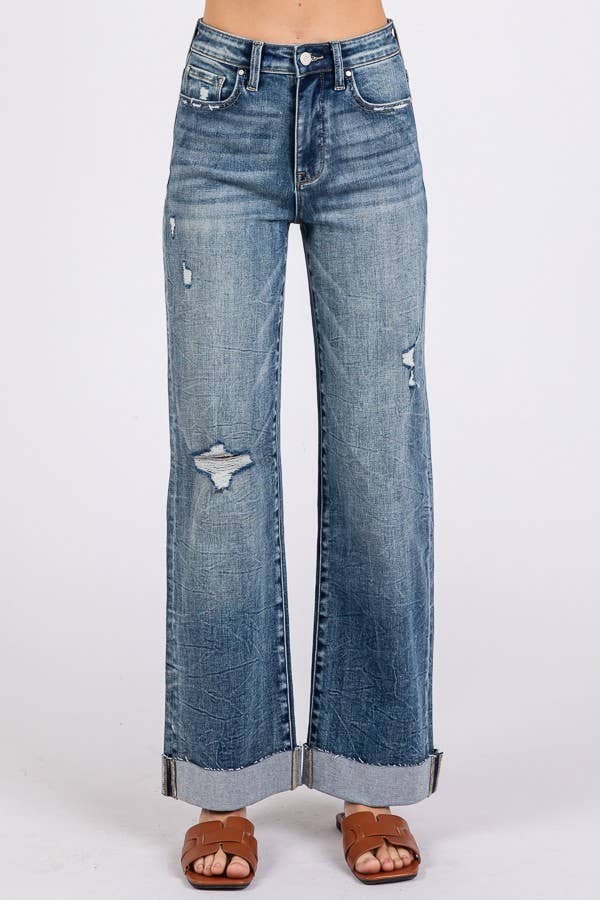 HIGH RISE STRETCH SLIM WIDE LEG W/ CUFFED HEM