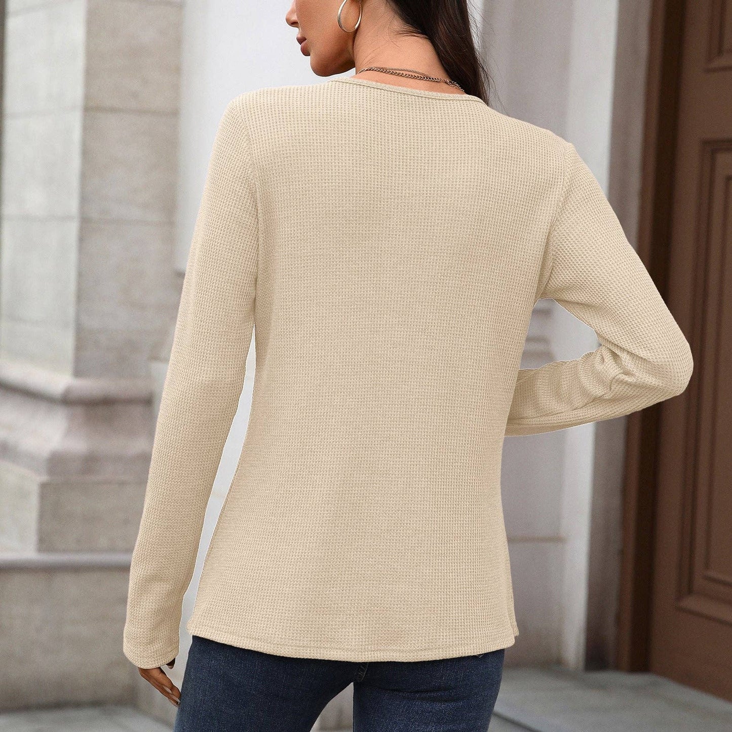 Pure Color Button Neck Pullover | Casual Long Sleeve Top