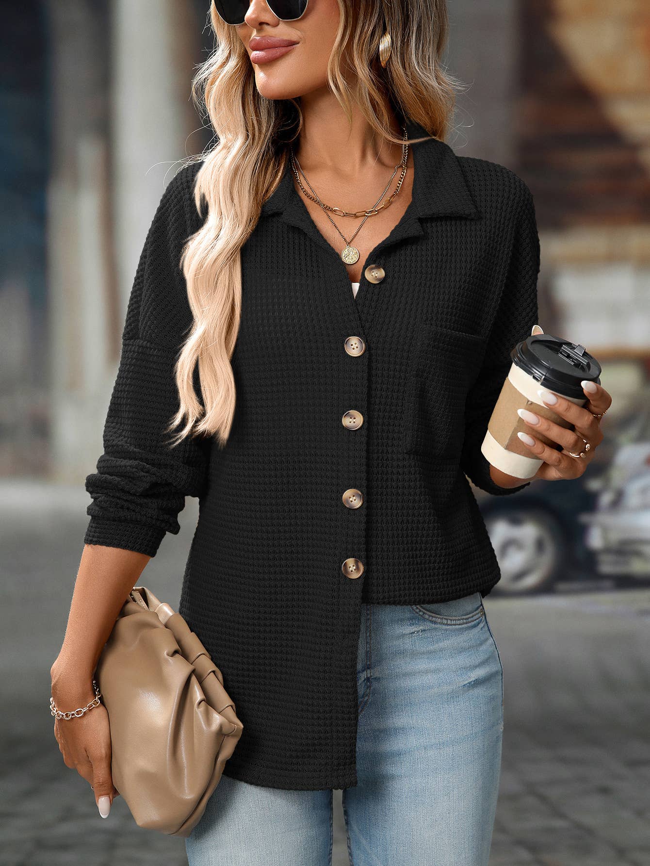 Waffle Knit Button-Up Shirt – Casual Fall Cardigan